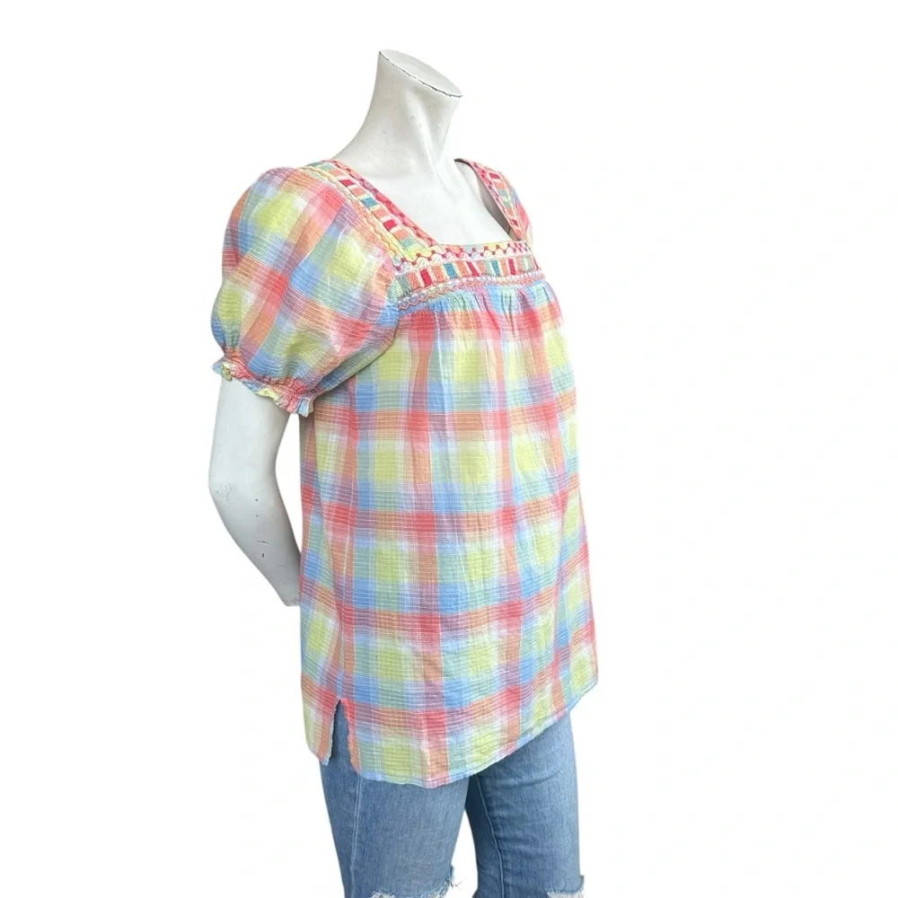 Johnny Was DELACEY PUFF SLEEVE PEASANT TOP Pastel Plaid Square Neck Size Small